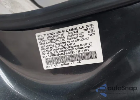 2006 Honda Odyssey Ex from USA, damaged, VIN 5FNRL38446B406493